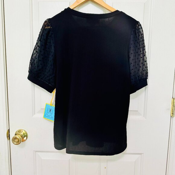 CECE SHEER SHORT SLEEVE BLACK BLOUSE - Picture 2 of 6